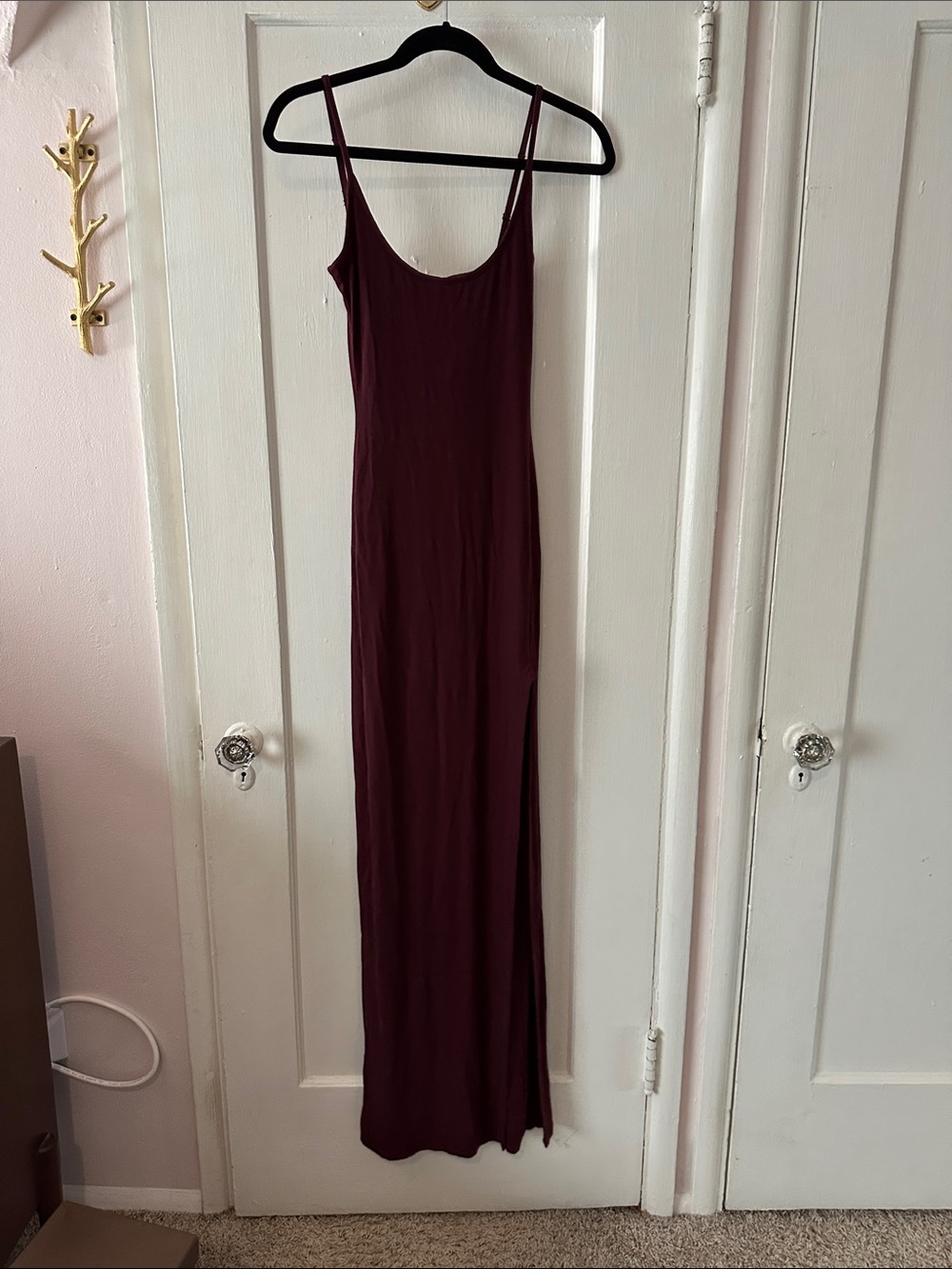 SKIMS Burgundy Maxi Slip Dress with side slit and shelf bra in size Medium